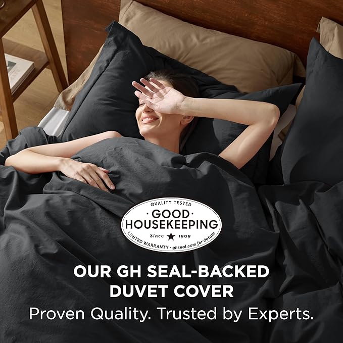 Bedsure 100% Washed Cotton Duvet Cover King Size - Black Minimalist Cotton Duvet Cover Linen Like for All Seasons - GentleSoft™ Plain Simple Bedding (Black, King, 104"x90")