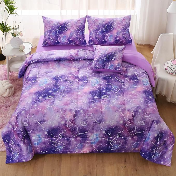 JQinHome Full Gradient Galaxy Comforter Set for Girls,6 Piece Bed in A Bag 3D Colorful Tie Dye Constellation Print Ombre Bedding Set with Pillowcase, Flat & Fitted Sheet,Cushion Cover(Purple)