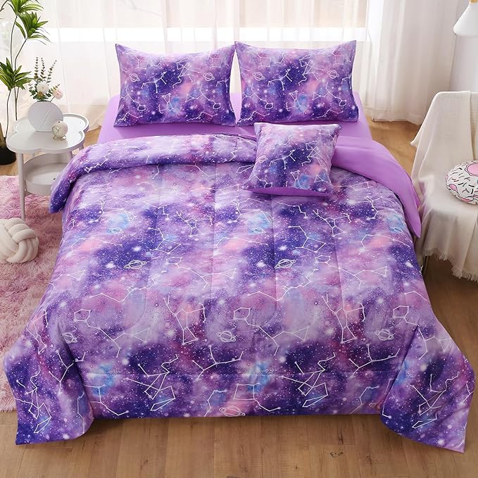 JQinHome Twin Gradient Galaxy Comforter Set for Girls,6 Piece Bed in A Bag 3D Colorful Tie Dye Constellation Print Ombre Bedding Set (Purple)
