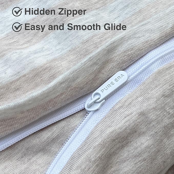 PURE ERA Jersey Knit Duvet Cover Set 100% T-Shirt Heather Cotton Super Soft Comfy Classic Striped Design, with Zipper Closure, Heather Beige Stripe, Queen