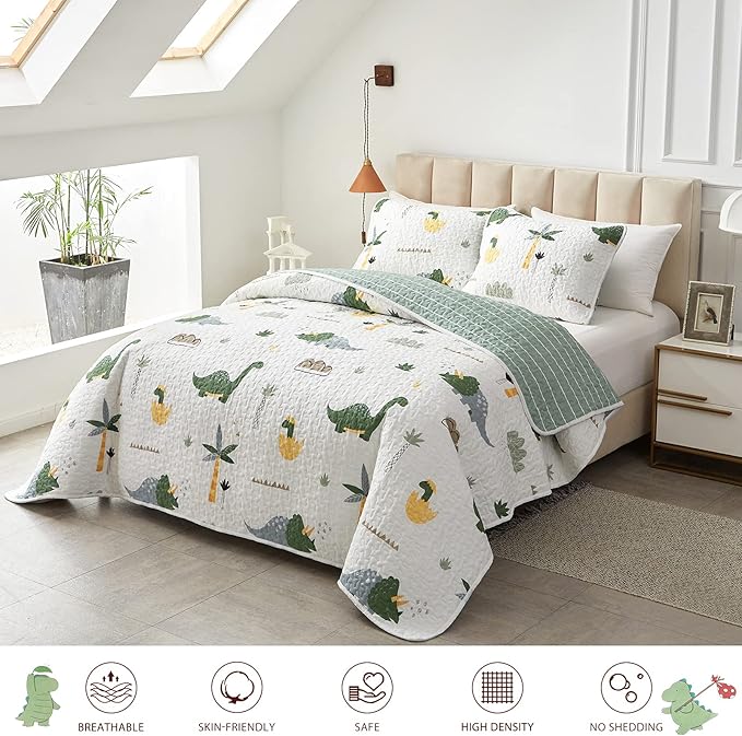 Joyreap 2-Piece Cotton Quilt Set Twin, Dinosaur Theme Green Color Design for Kids Boys n Girls, Smooth Soft Quilt Bedspread Bed Cover for All Season, 1 Quilt and 1 Pillow Sham- 68x86 inches