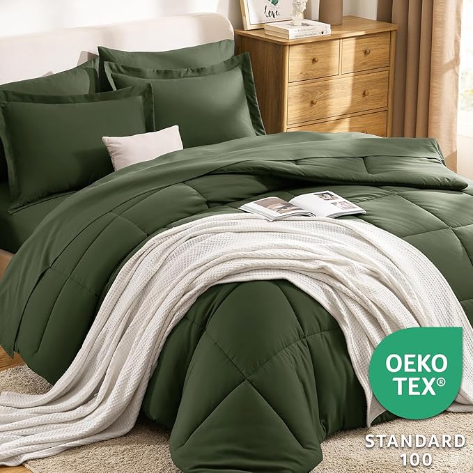 CozyLux King Size Comforter Set Olive Green - 7 Pieces Bed in a Bag King, Okeo-Tex Certifited Bedding Set, All Season Soft Bed Set with Down Alternative Comforter, Sheets, Pillowcases & Pillow Shams