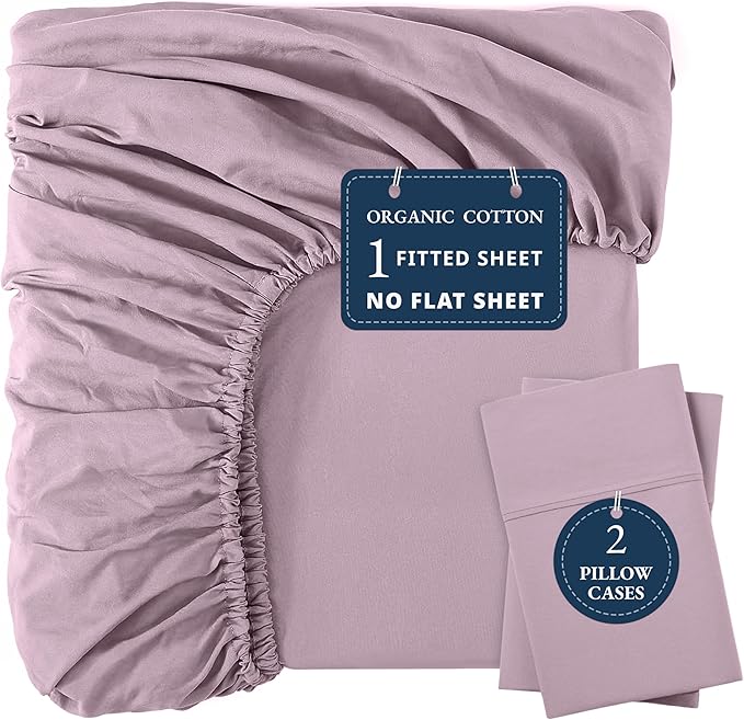 LANE LINEN King Fitted Sheet, 100% Organic Cotton, 3-Piece Set (1 Fitted Sheet,2 Pillowcases), Percale Weave, Ultra Soft, Breathable,Fits Mattress Upto 15" Deep - Lilac (No Flat Sheet)