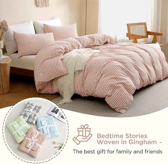 TOCOMOA Pink Tan Gingham Duvet Cover Bedding Set 100% Washed Cotton Like Linen Feel Super Soft Comfy 3 Piece Vintage Plaid Checkered Fall Comforter Cover Set (Full 80"x90", Comforter Not Included)