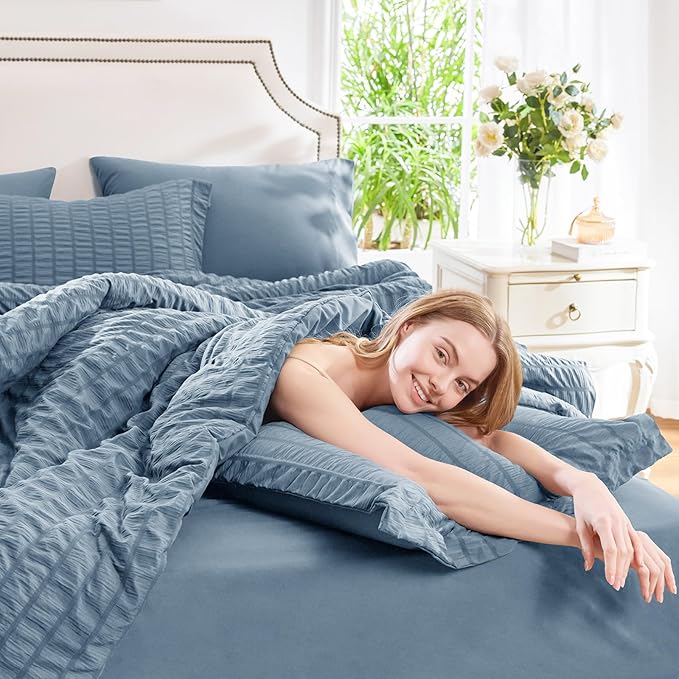 CozyLux Grayish Blue Full Size Comforter Sets with Sheets 7 Pieces, Dusty Blue Seersucker Bed in a Bag Textured Luxury Soft Bedding Set with Down Alternative Comforter, Sheets, Pillowcases & Shams
