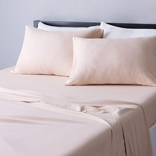 Amazon Basics 4 Piece Breathable, Stretchy Jersey Knit 100% Cotton Bed Sheet Set, Includes Flat and Fitted Sheets, Pillowcase, Full, Blush