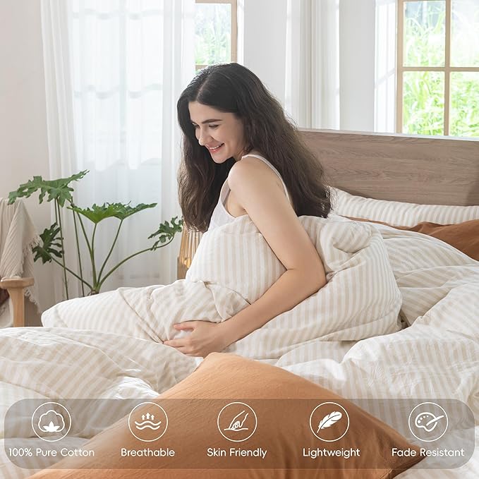 MooMee Striped Duvet Cover Set 100% Washed Cotton Linen Like Textured Breathable Durable Soft Comfy (Almond Milk Grey Classic Stripes, Cal King 104"x98")