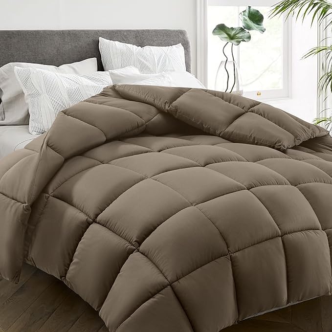 HYLEORY All Season Full Size Bed Comforter - Cooling Down Alternative Quilted Duvet Insert with Corner Tabs - Winter Warm - Machine Washable - Taupe
