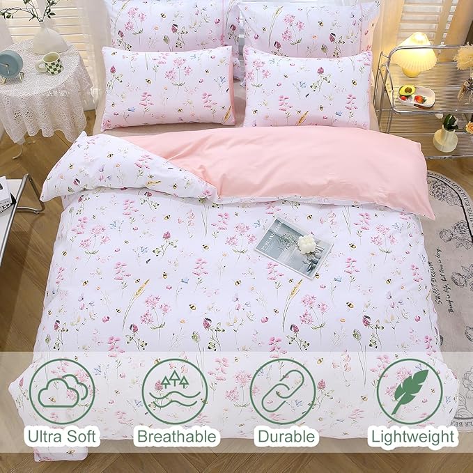 URBONUR Girls Duvet Cover Set Twin Size 3PCS Pink Flowers Cute Animals Bees Printed Bedding Sets for Kids Teen, Soft Wrinkle Fade Resistant Bed Sets for Girls Bedroom Decor