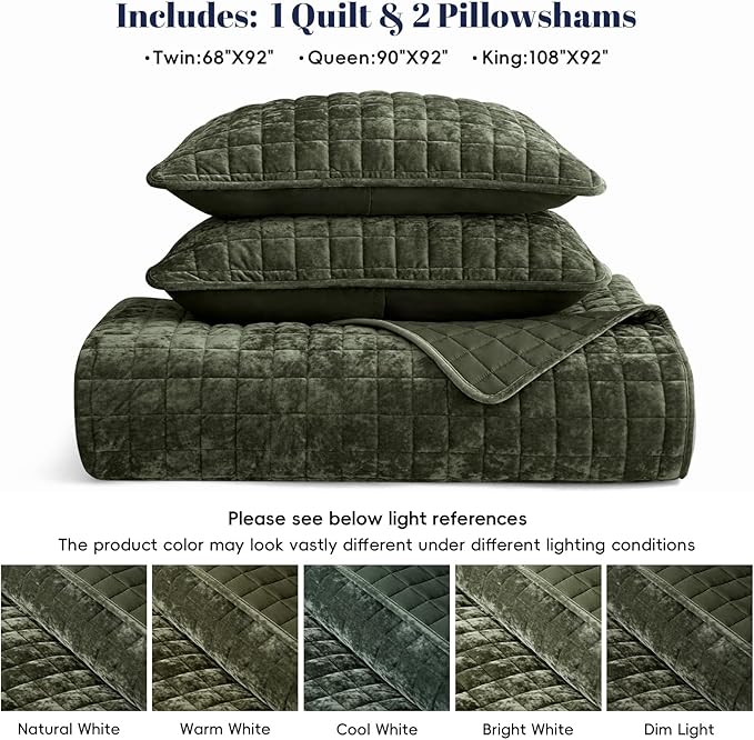PHF Luxurious Velvet Quilt Set King Size – 3PCS Super Soft Quilted Comforter Alternative with Square-Box Quilt Pattern, Warm Quilted Bedspread Coverlet, 108" x 92", Smokey Olive