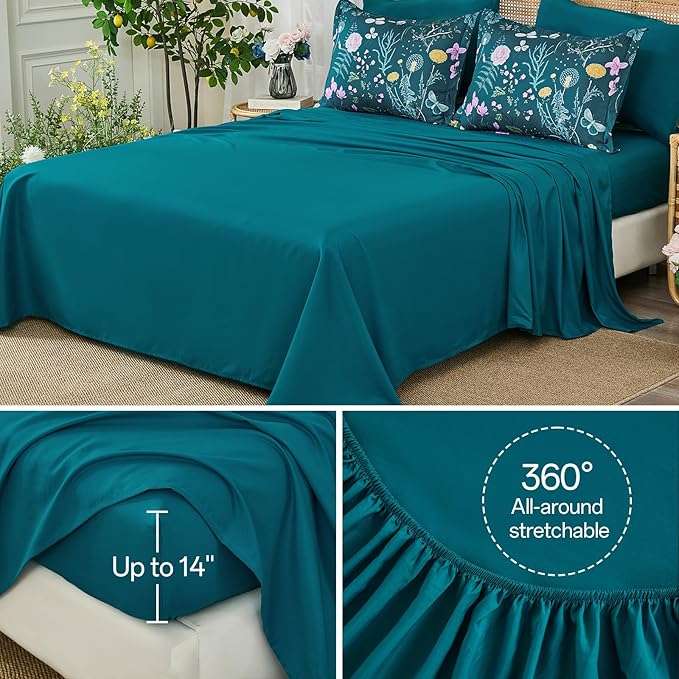 Yiran Teal Blue Comforter Set Queen Size, 7 Piece Floral Botanical Comforter Bedding Set, Farmhouse Bed in a Bag, Soft Microfiber Complete Bedding Set with Sheets for All Season