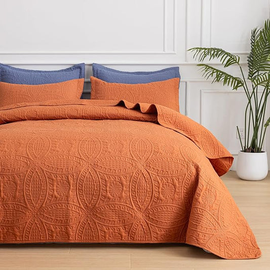 SheRest King Quilt Bedding Set - Soft Breathable Bed Quilt, Modern Style Embossed Bedspreads, Lightweight Microfiber Coverlet for All Seasons, Burnt Orange, 3 Pieces (1 Quilt,2 Pillow Shams)
