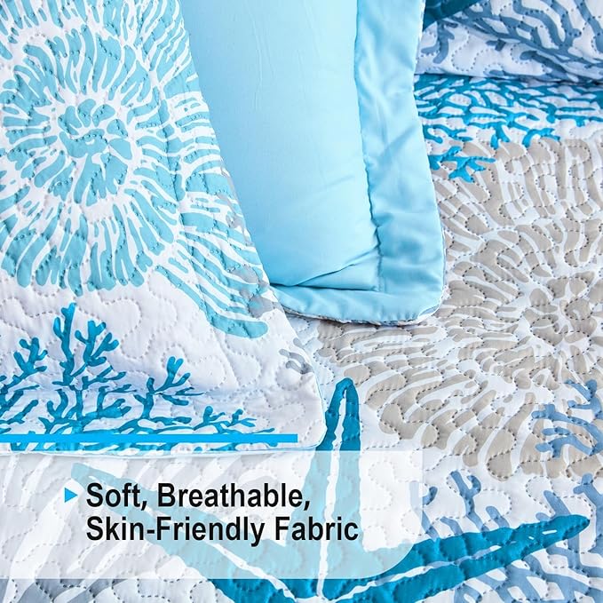 Tritard 3 Piece Coastal Quilt Sets Full/Queen Size - Reversible Microfiber Quilts with 2 Shams Soft Lightweight Beach Bedding Nautical Bedspread Coverlet Summer Comforter for All Season, 90''x96'', C1