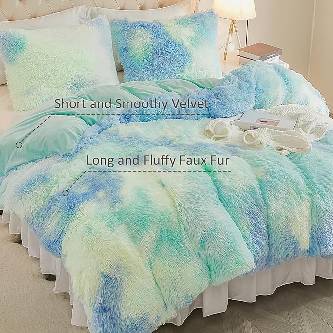 EMME Luxury Blue Fuzzy Duvet Cover Set Queen Size 3 Pieces Fluffy Comforter Cover Set for Queen Bed Shaggy and Plush Soft Bedding Duvet Covers (Tie Dye Blue, Queen)