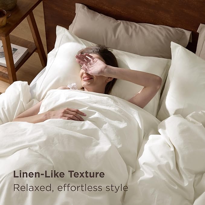 Bedsure 100% Washed Cotton Duvet Cover Twin Size - Ivory Minimalist Cotton Duvet Cover Linen Like for All Seasons - GentleSoft™ Plain Simple Bedding, 2 Pieces (Ivory, Twin, 68"x90")