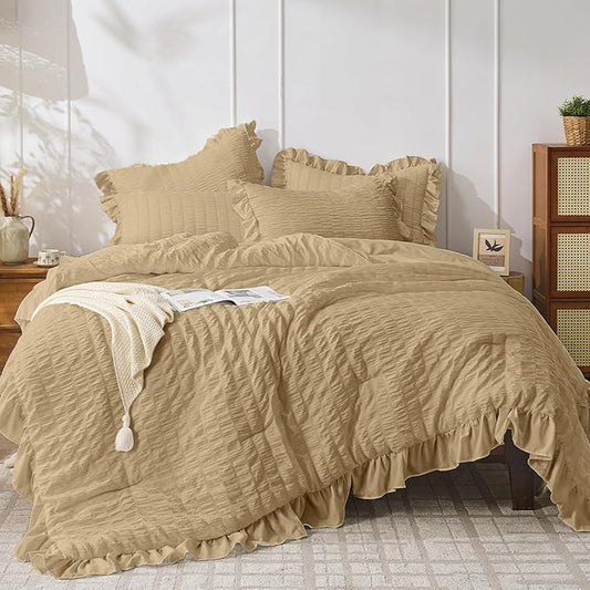 JOLLYVOGUE Queen Comforter Set, 3 Pieces Light Coffee Seersucker Comforters Queen Size, Lightweight & Fluffy Bedding Sets for All Season with 1 Ruffle Comforter and 2 Ruffle Pillowshams