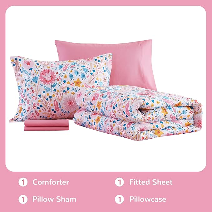 Viviland Kids Twin Bedding Sets for Girls, Soft Twin Comforter Set with Sheets, 5 Pieces Microfiber Bed in a Bag, Colourful Floral