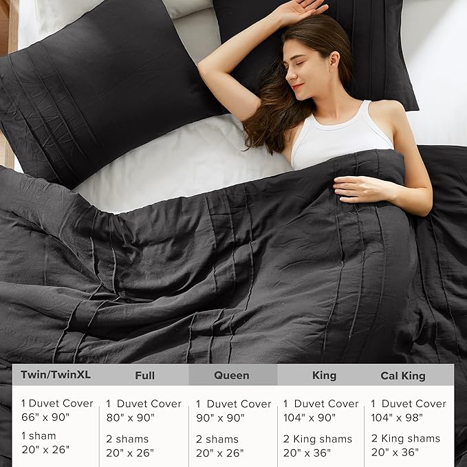 Comfort Spaces Black Queen Size Duvet Cover Set - 3 Pieces Pintuck Pleated Duvet Cover Queen, All Season Lightweight, Extra Softness Pre-Washed Microfiber Queen Bedding Cover Shams, Full/Queen