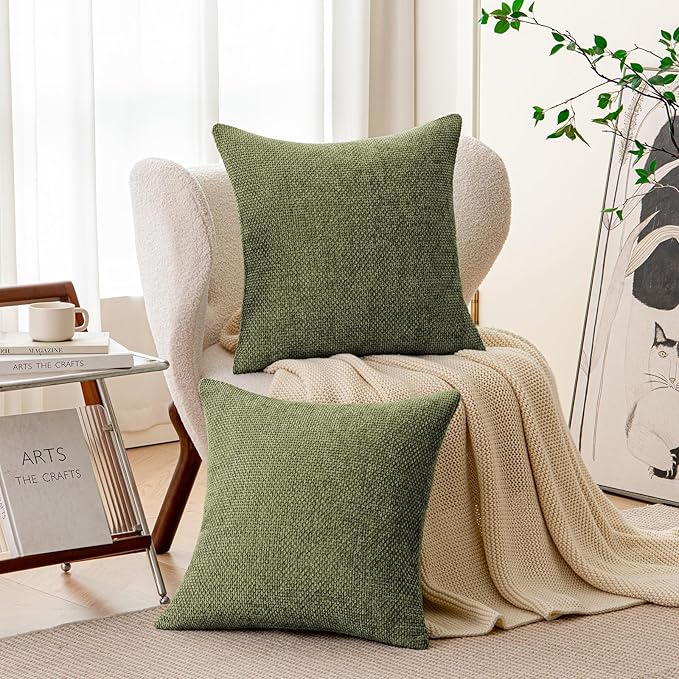 a moment Olive Green Chenille Throw Pillow Covers 22x22 Inch Pack of 2 Modern Decorative Throw Pillow Covers Farmhouse Cross Covers Home Decor for Sofa Bedroom Living Room