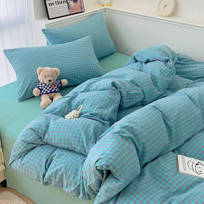 LifeTB Twin XL Comforter Set Green Gingham Bedding Comforter with 2 Pillowcases Geometric Checkered Plaid Comforter Set for All Season Green Purple Grid Printed Fluffy Soft Lightweight Bedding Set