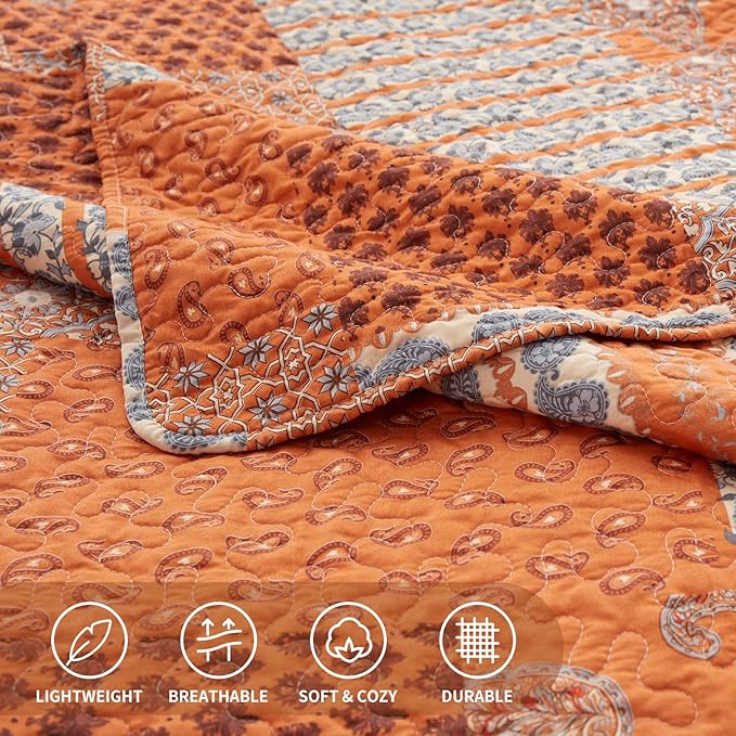 LEAONME Quilt Set Full/Queen Size 3 Piece Bedspread Coverlet Lightweight Comforter Microfiber Bedding Set All Season Oversized 90x98 Inch Bed Cover Paisley Burnt Orange/Rust(1 Quilt,2 Pillow Shams)