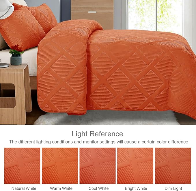Exclusivo Mezcla King Quilt Set- Burnt Orange Quilts Bedding Set with 2 Pillow Shams, Modern King Bedspread with Striped Pattern, Soft Lightweight Bedspreads Coverlets for All Seasons