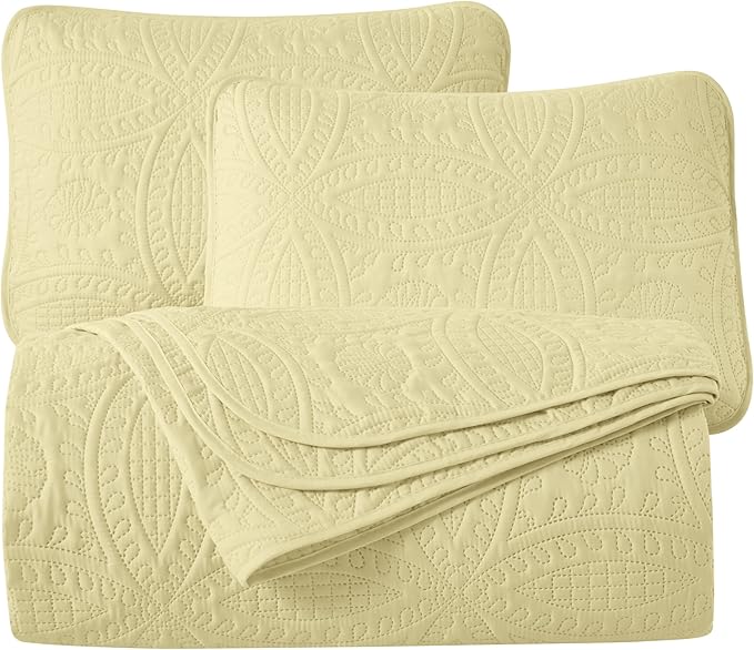 Chezmoi Collection Austin King Oversized Bedspread Set, 3-Piece Pinsonic Quilted Lightweight Microfiber Bedspread Coverlet, Pastel Yellow