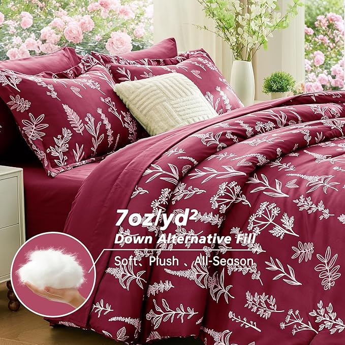 MUXHOMO Burgundy Bed in a Bag King 7 Pieces, King Comforter Set Reversible Botanical Flowers Design, Ultra Soft & Breathable Bedding Sets with Comforter, Sheets, Pillowcases & Shams