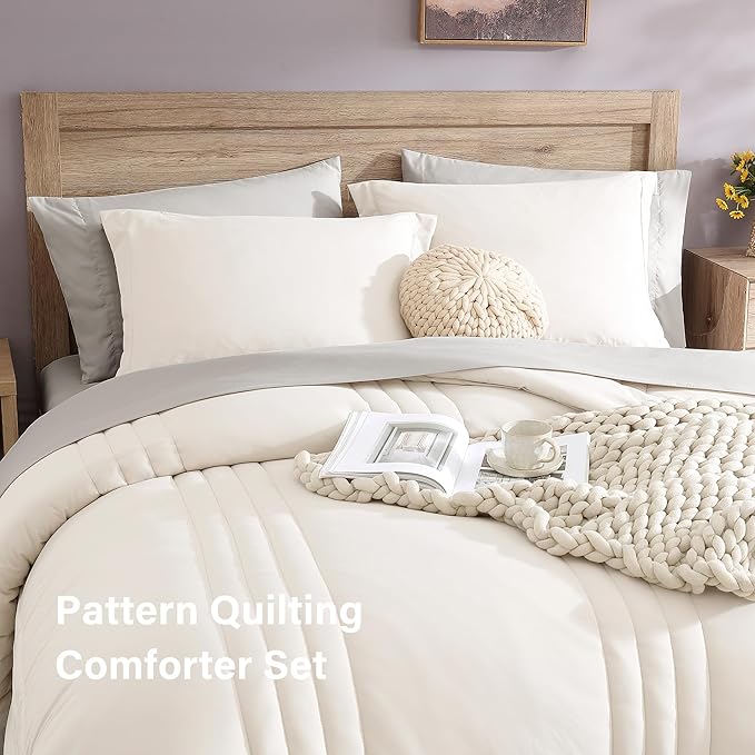 Monbix Full Comforter Set - 7 Pieces White Bed in a Bag Full Size Bedding Sets with Comforters, All Seasons Comforter with Sheets,Pillowcases & Shams