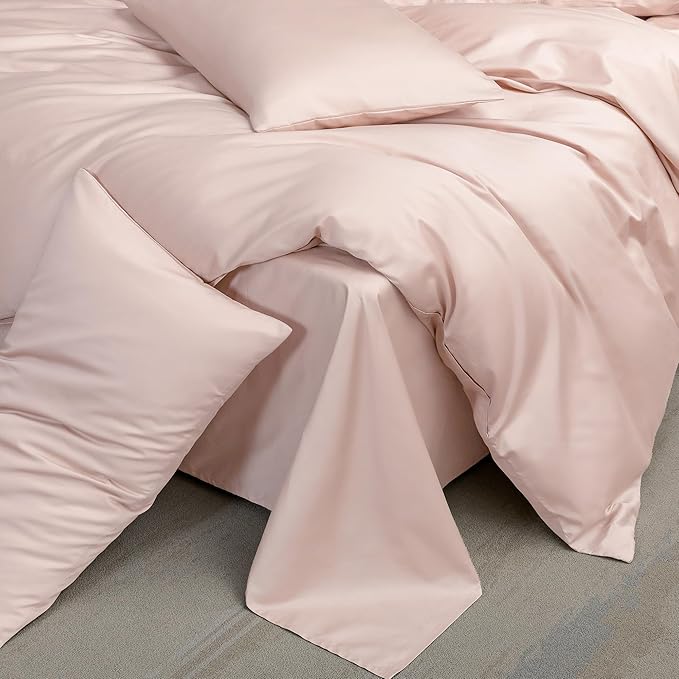 MooMee Duvet Cover Set 100% Extra Long Staple Cotton 600 Thread Count Silky Sateen Smooth Luxury Soft Breathable Durable Hotel Quality Bedding, 3 Pieces (Light Pink, Queen 90"x90")