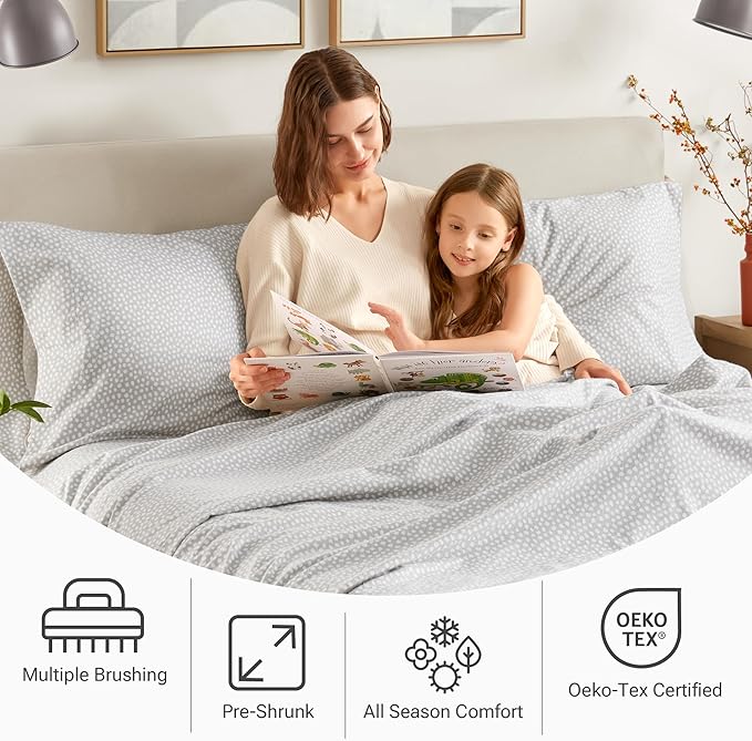 True North by Sleep Philosophy Cozy Flannel Warm 100% Cotton Sheet - Novelty Print Animals Stars Cute Ultra Soft Cold Weather Bedding Set, King, Grey Dots 4 Piece