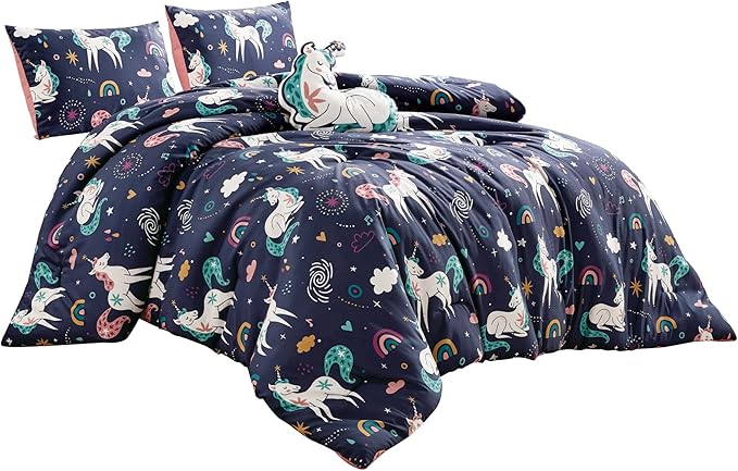 Chezmoi Collection 3-Piece Kids Bedding Comforter Set - Soft Microfiber Multi-Color Kids Cute Magical Unicorn Love Hearts Rainbows, Twin