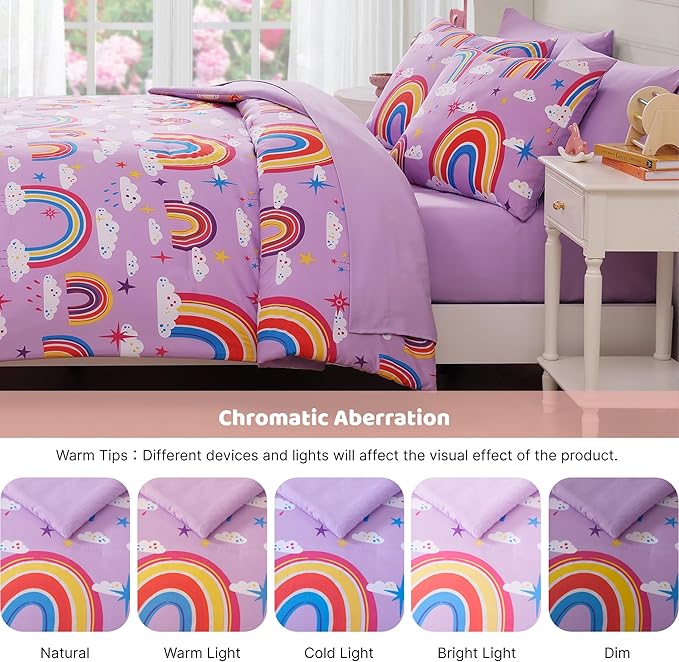Full Kids Comforter Set - 7 Pieces Full Bedding Sets for Girls Teen, Glow in The Dark Purple Rainbow Bed in A Bag with Sheets