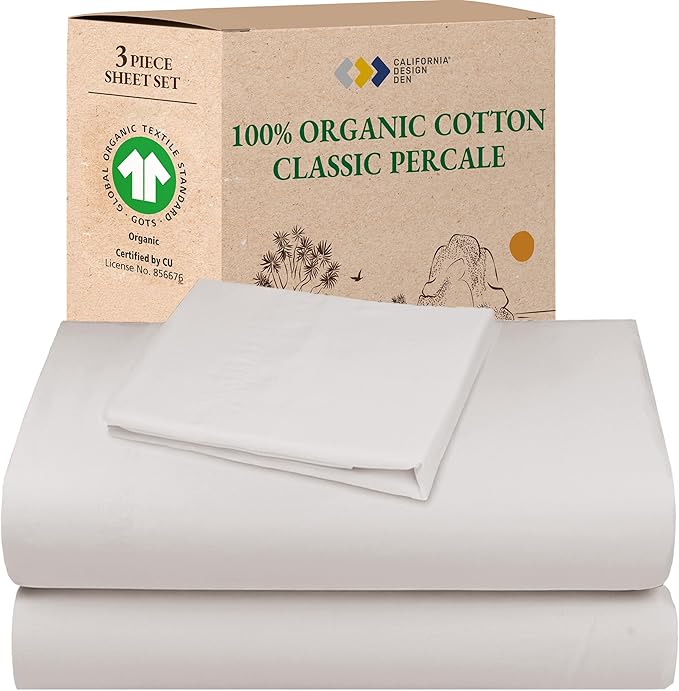 California Design Den Twin Sheets Set - 100% Organic Cotton, Crisp Percale, Deep Pockets, Breathable and Durable Bedding Sheets & Pillowcases - Stone (True Beige)