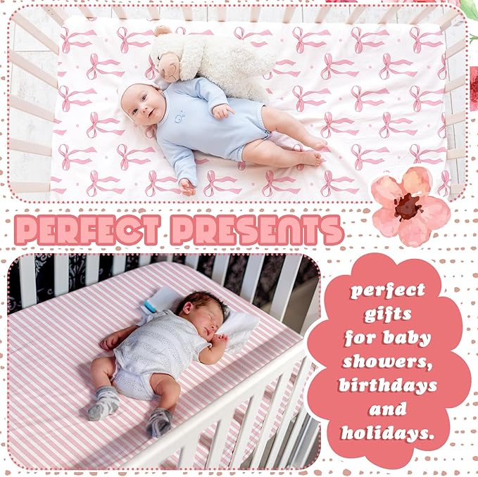 Peryiter 4 Pack Crib Sheets Girl Soft Baby Bed Sheet Set 52'' x 28" Nursery Crib Sheets for Standard Bed for Nursery Decor Baby Boys or Girls(Pink,Coquette Bow)