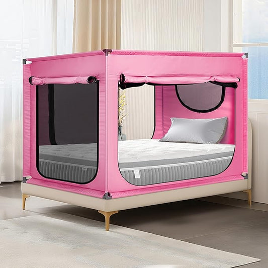 Twin Bed Canopy Portable Blackout Bed Tent Privacy Tent for Adult Indoor Sleeping with 3 Doors, Storage Bag, Pink