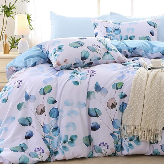 MUXHOMO Full Comforter Set, Blue Elegant Floral Print Bed in a Bag 7 Pieces, Ultra Soft & Breathable Reversible Botanical Pattern Bedding Set with Comforter, Sheets, Pillowcases, and Shams