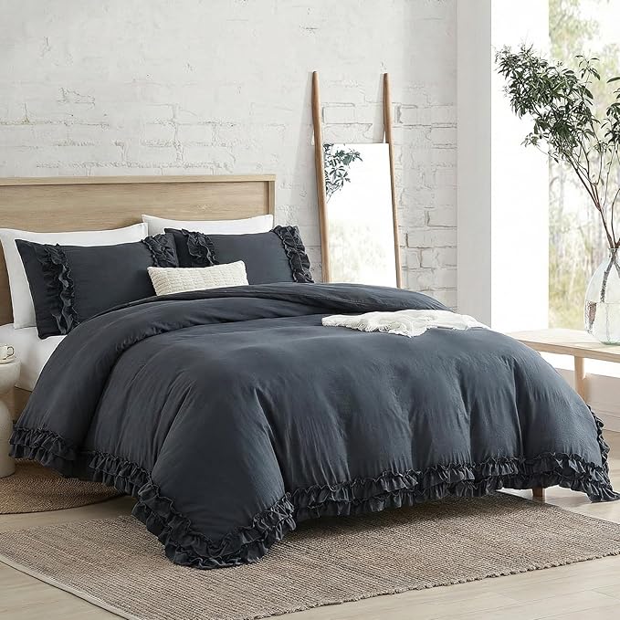 Bedorm Navy Ruffle Duvet Cover Vintage King Bedding Set Navy Blue Lace Fringe Ruffled Bedroom Decor Shabby Chic Boho Comforter Cover with Pillowcases