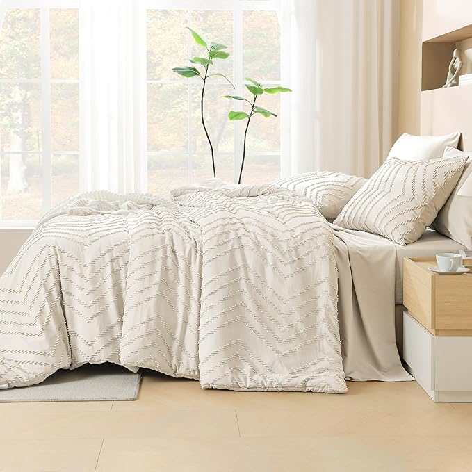 Litanika Twin Comforter Set with Sheets Beige - 5 Pieces Boho Tufted Shabby Chic Bed in a Bag, Fluffy Soft Farmhouse Bed Set for All Seasons