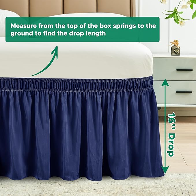 Biscaynebay Wrap Around Bed Skirts for Queen Beds 16" Drop, Navy Adjustable Elastic Dust Ruffles Easy Fit Wrinkle & Fade Resistant Silky Luxurious Fabric Solid Machine Washable