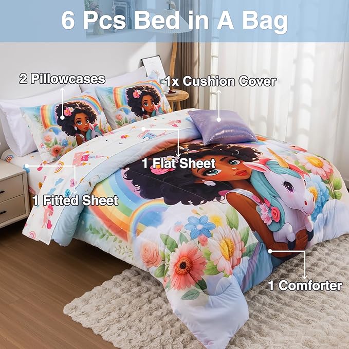 A Nice Night Rainbow Unicorn Flower Kids Comforter Set for Girls 6 Pieces Bed Sets with Sheets - Lightweight Soft Queen Size Polyester Fiber Bedding Set for Girls Bedroom,Queen