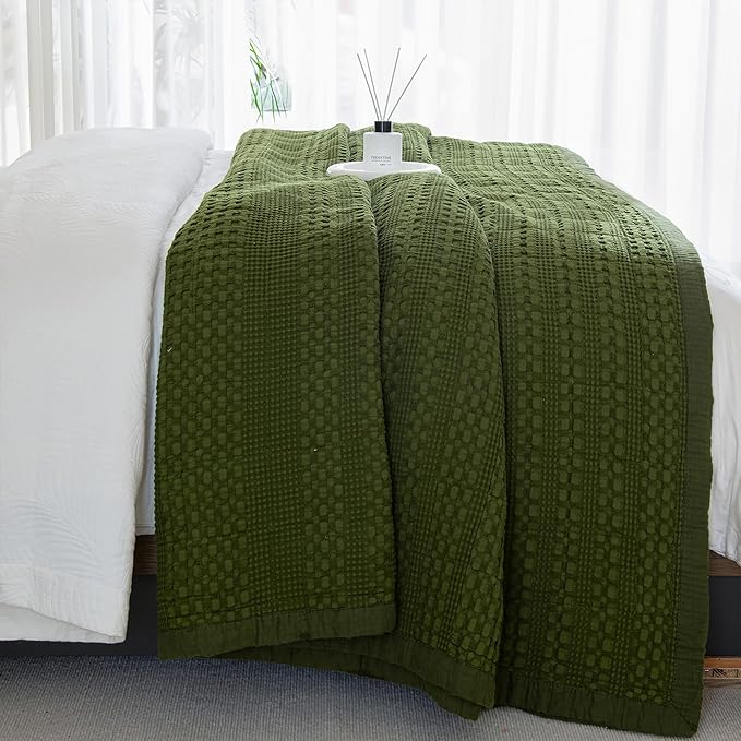 Sanracie Cotton Waffle Weave Quilt Set King Size(110"x98")-Olive Green Quilted Bedspread Sets,3Pcs Soft Boho King Quilt Bedding Set, Farmhouse Shabby Vintage Chic Bedding Quilt