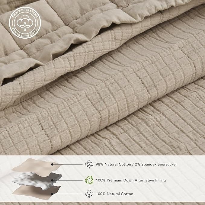 EVERGRACEHOME Stonewashed Cotton Quilt Set King Size, Ultra Soft Oversized Bedspread Coverlet Set, Lightweight Crinkle Box Stitch Bedding Sets for All Season, with 2 Shams, Flax Beige