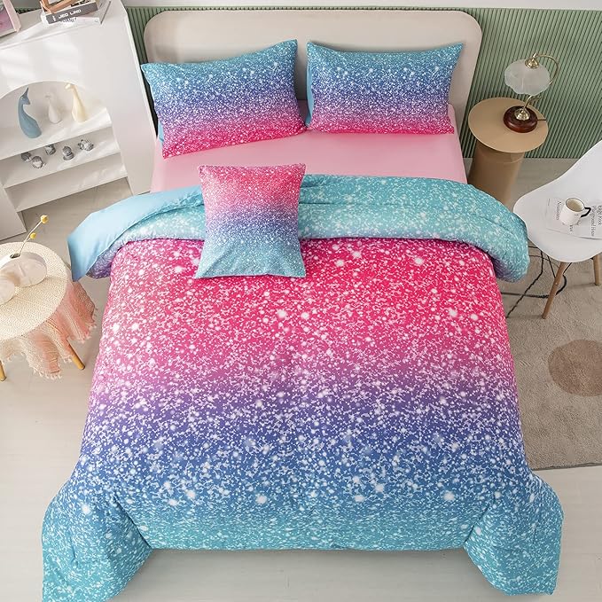 PERFEMET Queen Size Girls Bedding Set 6 Piece Blue Pink Comforter Set Kids Bed in A Bag Colorful Rainbow Glitter Bed Set for Bedroom Decoration Fluffy Tie Dye Teen Girl Bed Comforter Set