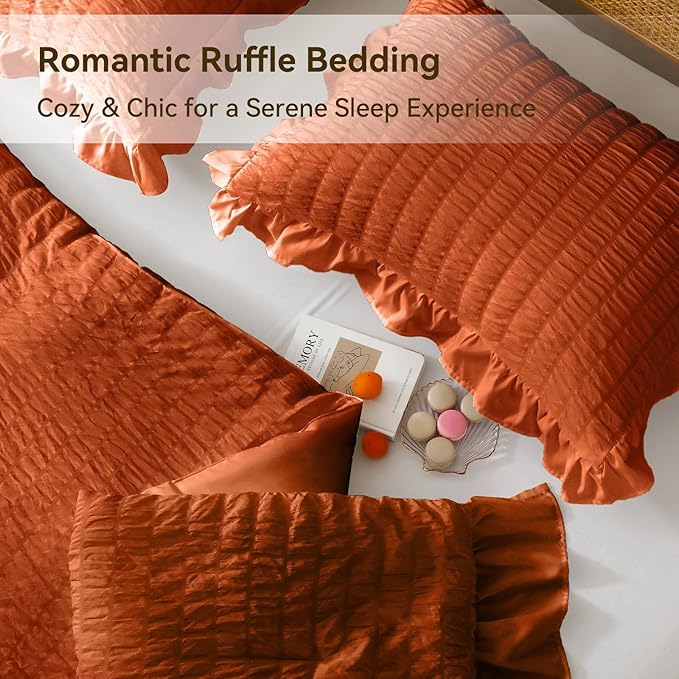 JOLLYVOGUE King Comforter Set, 3 Pieces Seersucker Comforters King Size, Lightweight & Fluffy Bedding Sets King for All Season with 1 Ruffle Comforter and 2 Ruffle Pillowshams, Burnt Orange