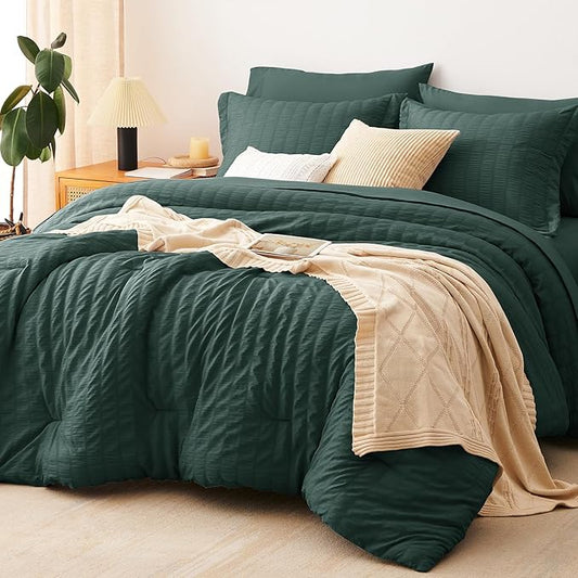 CozyLux King Size Comforter Set Forest Green Seersucker 7 Pieces Bed in a Bag King Comforter Set with Sheets, Luxury Bedding Set with Down Alternative Comforter, Sheets, Pillowcases & Shams All Season