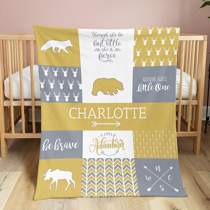 Personalized Baby Blanket for Girls Super Soft Double Layer with Dotted Backing, Lovely Woodland Animal Design Blanket for Toddler Newborn, Polyester, Honey, 35 x 45 Inch