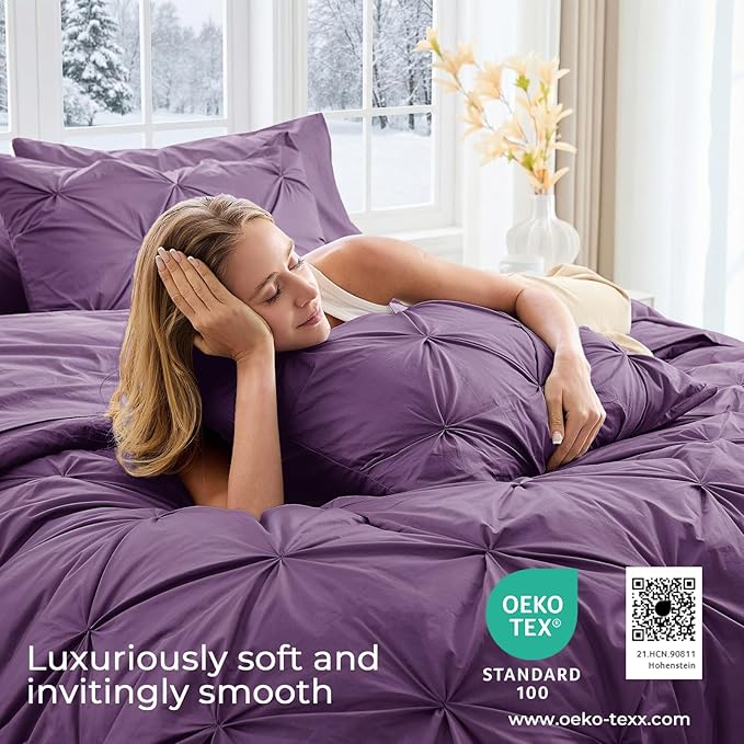 Sasttie Twin XL Comforter Set, 5-Piece Bed in a Bag, Pintuck Bedding Sets for All Season, Includes Comforter, Flat Sheet, Fitted Sheet, Pillowcase and Pillowsham, Grape Purple