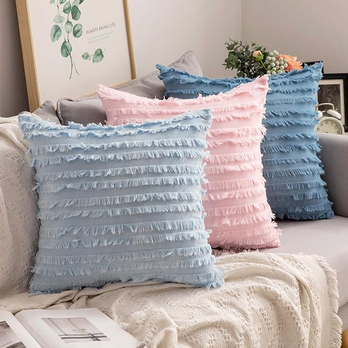 MIULEE Set of 2 Decorative Boho Throw Pillow Covers Linen Striped Jacquard Pattern Summer Cushion Covers for Sofa Couch Living Room Bedroom 12x20 Inch Light Blue