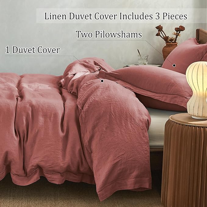 Simple&Opulence 100% Washed Linen Duvet Cover Set with Embroidered,3 Pieces Soft Farmhouse Comforter Set with Button Closure,1 Duvet Cover and 2 Pillowshams(King,Coral Red)